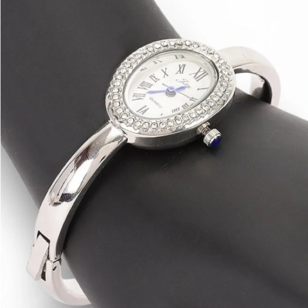 Silver Roman Numeral Rhinestone Bangle Watch | Elegant Vintage Luxe Bracelet